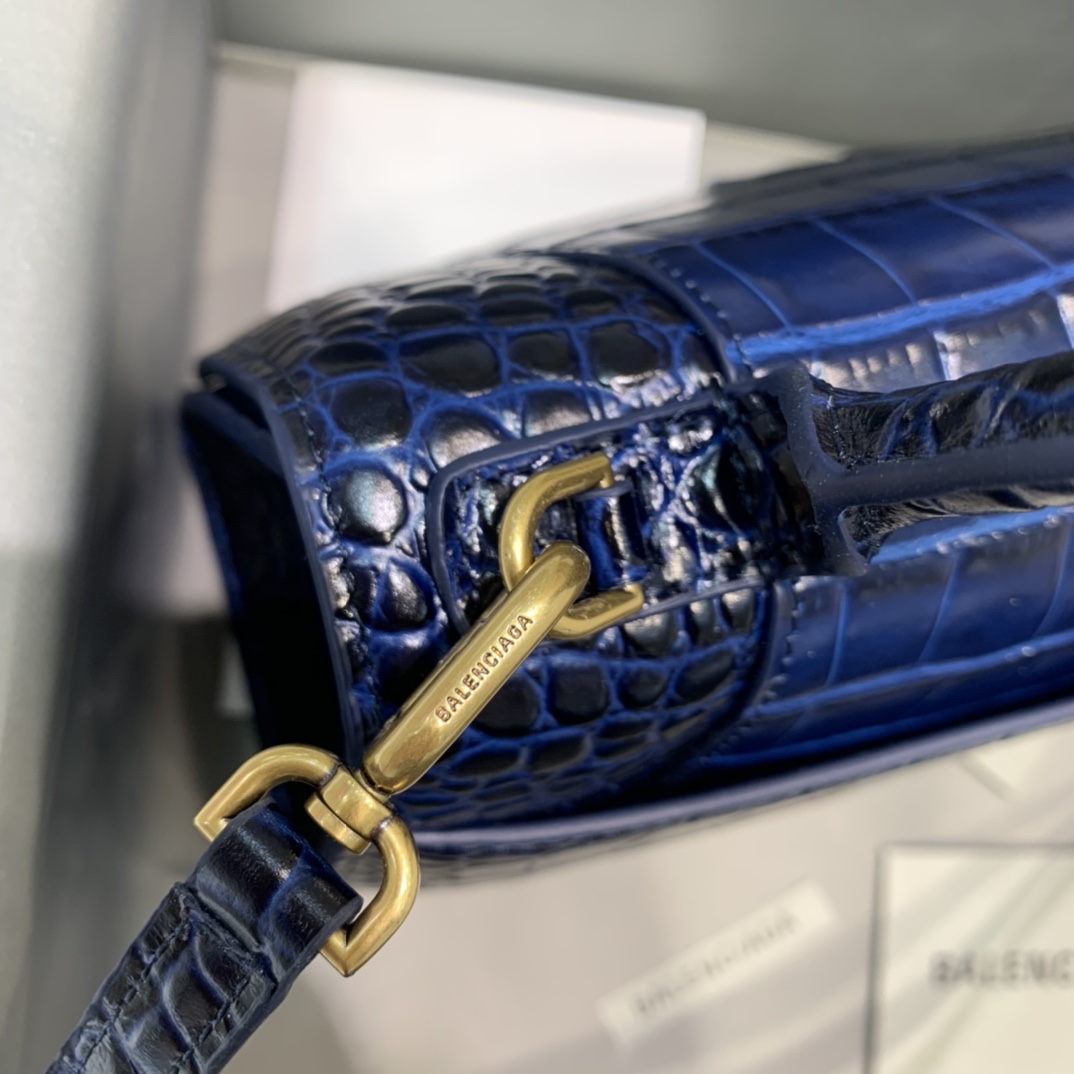 Balenciaga Hourglass Small Handbag Crocodile Embossed Shoulder Bag Dark Blue